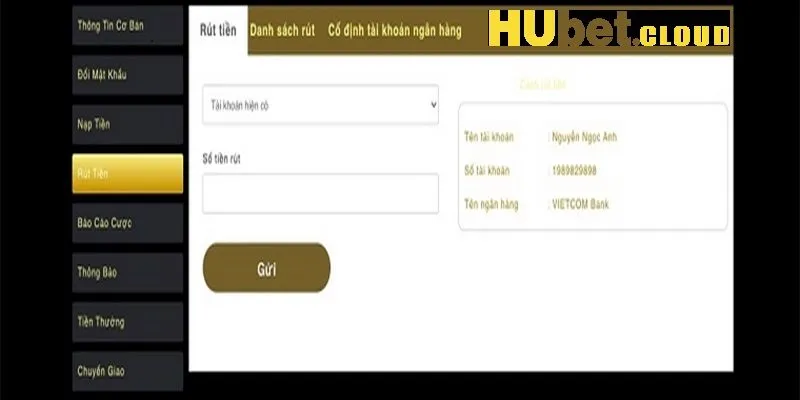 HUBET cũng cho phép rút tiền thông qua thẻ tín dụng